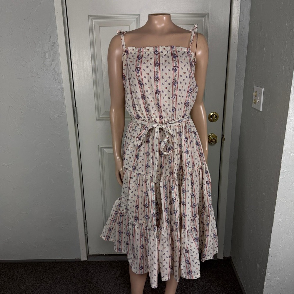 Vintage 70s Praire Dress Party Cotton Floral Tie Waist Tiered Cottagecore QQ5